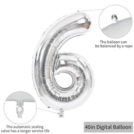 TONIFUL 40 Inch Silver Large Numbers Balloons 0-9, Number 6 Digital 6 Helium Balloons, Foil Mylar Big Number Balloons for Birthday Party Anniversary Supplies Decorations