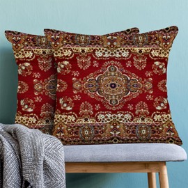 BETGINY Boho Pillow Covers 18x18, Red Brown Ethnic Design Outdoor Decorative Throw Pillows for Couch, Carpet Pattern Decor Cushion Cover 2 Pcs Farmhouse Linen Pillowcase for Bed Car Safa