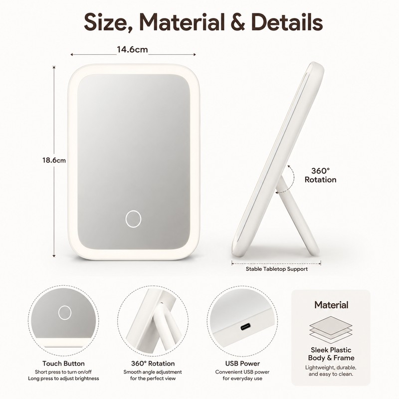LED Makeup Mirror for Travel & Bedroom – 3-Color Dimmable