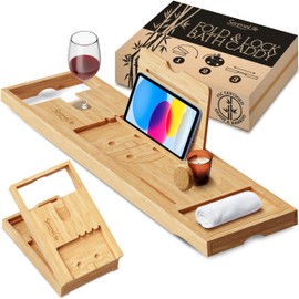 SereneLife Bamboo Bath Caddy with Fold and Lock Design - 30” to 43” Expandable Bathtub Tray, Easy Storage Folding Hinges