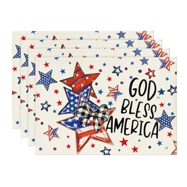 Artoid Mode God Bless America Stars Patriotic 4th of July Placemats Set of 4, 12x18 Inch Memorial Day Table Mats for Dining Decoration
