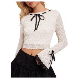 SweatyRocks Women's Heart Jacquard Bell Sleeve Crop T Shirts Coquette Crew Neck Fitted Tees Beige Medium