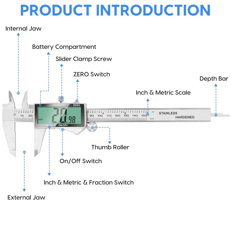 Digital Caliper, 6 Inch Caliper Tool with Extra Large LCD