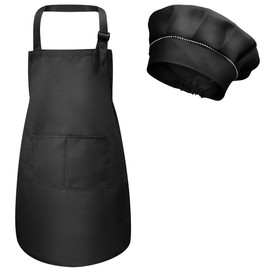 Kids Apron and Chef Hat Set, Adjustable Children Chefs Apron with Pockets for Boys Girls, Toddler Kitchen Garden Bib Aprons for Cooking Baking Painting Crafting Wear (M for 3-6 Age) (Black)