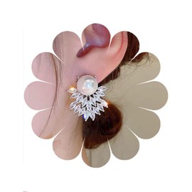 Crymystal Boho Crystal Pendant Earrings Teenager Pearl Drop Earrings Silver Pendant Earrings Pearl Earrings Sparkling CZ Earrings Glass Faster Bridal Wedding Earrings Jewellery Women Gifts, Zinc Alloy