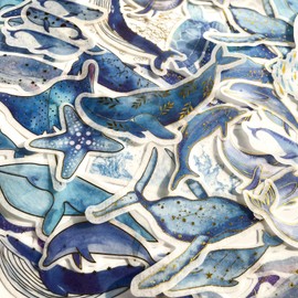 Yoksas 60Pcs Blue Whale Fantasy Ocean Washi Stickers - Aesthetic Bronzing Sea Life Dolphin Turtle Scrapbook Craft Stickers for Junk Journals, Planners, Collage Album