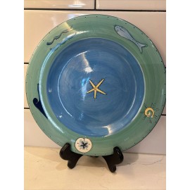 K.I.C. Fish Shells Waves Sun Starfish Green Rim Blue Dinner Plate