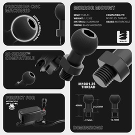 Tackform Black Motorcycle GPS/Tuner Holder - 4-Hole AMPS Pattern | Mirror Hole Mount - M10 x 1.25 Fine Threaded 20mm Ball | Aluminum | Compatible with Garmin Zumo, Dynojet Tuner, More | 3.5" Arm