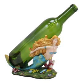 Ebros Nautical Coastal Beach Colorful Blonde Mermaid with Shimmering Blue Tail Swimming by Corals Wine Holder Display Figurine Resin Sea Siren Kitchen Decor Party Centerpiece Ocean Reef Nymph Statue