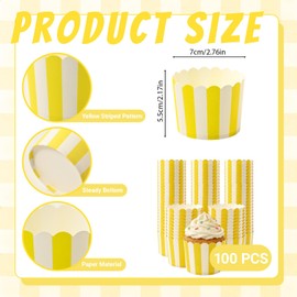 Betoom 100 PCS Yellow and White Striped Cupcake Liners, 6oz Lemon Striped Cupcake Liners for Baby Shower, Summer Lemon Party, Birthday Party