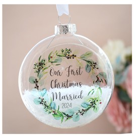 First Christmas Married 2024 Bauble. Couple Anniversary Xmas Tree Decoration. Glass Round Hanging Ornament. Wedding Keepsake