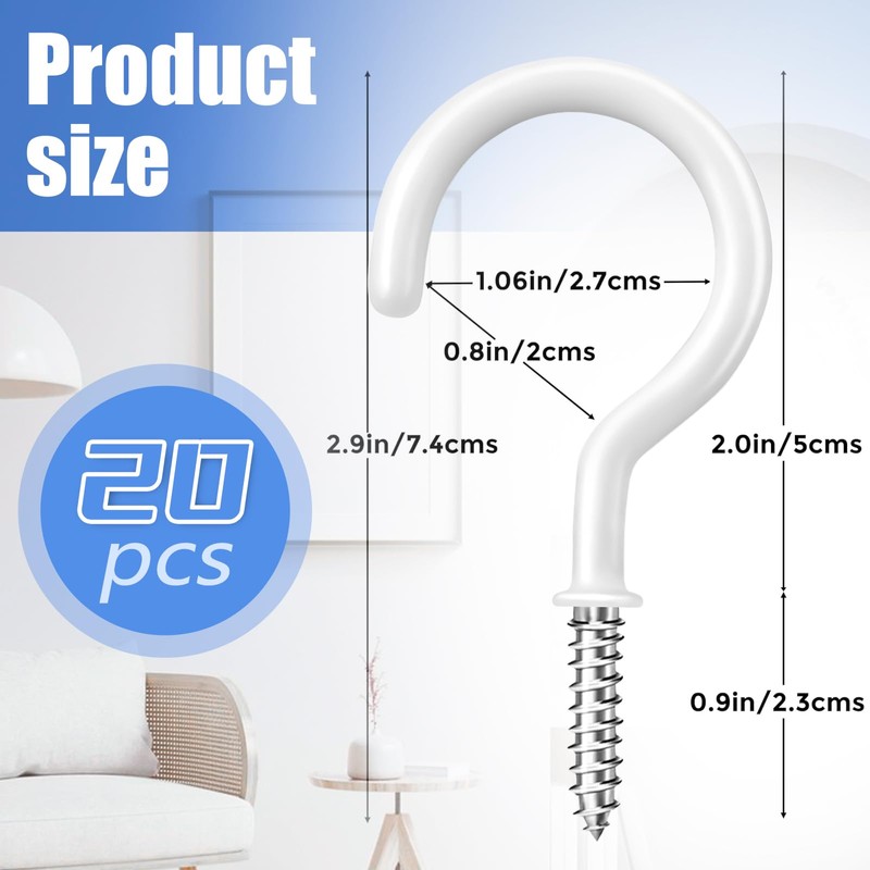 KVCSYAW 20 Pcs White Steel Ceiling Hooks, 2.9 Inch, Rust-Resistant,