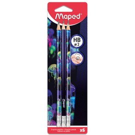 Maped - 6 Graphite Pencils HB2 Deepsea Paradise - HB Pencils with Eraser Tip - Ergonomic Triangular Shape - Durable Lead