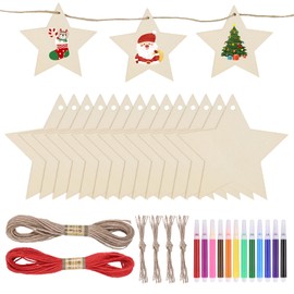 Zocipro 40Pcs Christmas Wooden Stars for Crafting, Wooden Star Ornaments Hanging with 12 Coloured Pens & 20m Twine, DIY Embellishments Tag for Christmas Tree Decoration, Craft Projects