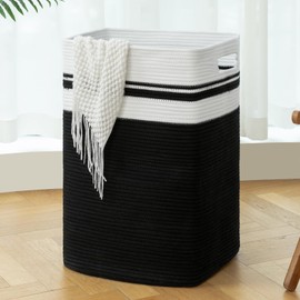 OIAHOMY 91L Laundry Hamper, XXXLarge Laundry Basket, Collapsible Cotton Rope Basket,Woven Storage Basket for Blankets,Clothes,Pillows-16x15x24-Black&white
