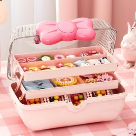 Estuche Organizador de Accesorios Cabello Moño Rosa, Caja Portátil Ligera para Niñas, Múltiples Compartimentos para Uso Diario y Viaje Práctico