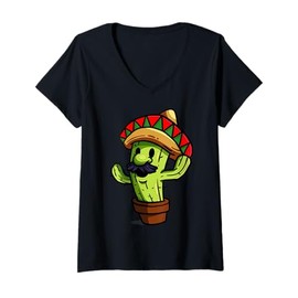 Womens Cartoon Cactus Character With Sombrero For Children V-Neck T-Shirt