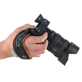 SPIDER HOLSTER - SpiderPro Camera Hand Strap v2 with Snap Assembly and Optional Wrist Strap – DSLR and Mirrorless Compatible (Black Leather + Orange Trim)