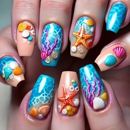 Summer Press on Nails Medium Length Fake Nails Blue Coffin Shaped Glue on Nails Blue Ocean False Nails with Starfish Shell Designs French Acrylic Nails Reusable Stick on Nails for Women 24Pcs