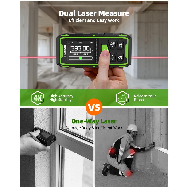 Huepar Professional Dual Laser Measuring Tool 393ft, Rechargeable Bilateral Laser