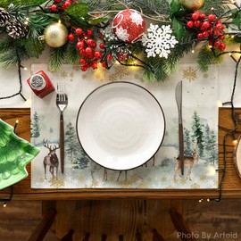Artoid Mode Watercolor Deer Trees Snowflakes Christmas Placemats Set of 4, 30 x 45cm Winter Xmas Holiday Vintage Washable Table Mats