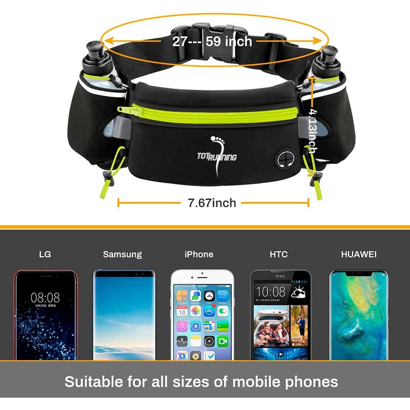 Adjustable Running Belt with Zip Pocket, 2 Water Bottles, 2