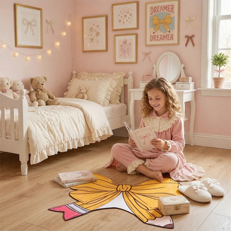 APUDWN Bow Pencil Rug 35.4”x23.6“ Cute Pink Bow Pencil Floor