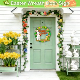 Easter Door Sign Wreath – Wooden Easter Wreath for Front Door, Bunny & Egg Decorations, Happy Easter Decor for Home Indoor Outdoor Hanging, Spring Easter Party Supply