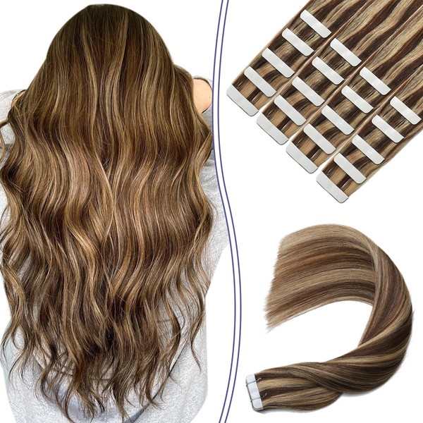 Sindra Tape-In Real Hair Extensions, Chocolate Brown to Caramel Blonde, 20 Pieces, 50 g, 35 cm, Remy Real Hair Extensions, Tape Extensions, Real Hair, Silky Straight, #4P27, 14 Inches