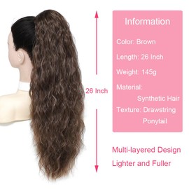KETHBE Ponytail Extension, 26 Inch Drawstring Ponytail Hair Extensions Synthetic Long Curly Wavy Hair Extensions Ponytail Thick Hair Pieces for Women (Brown)