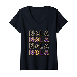 Womens NOLA New Orleans LA We Love New Orleans Black Purple Gold V-Neck T-Shirt