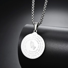 RINTOLER Bible Verse Serenity Prayer Necklace Christian Jewelry Stainless Steel Coin Medal Our Father Lord's Prayer Necklace Prayer Hands Coin Medal Pendant with 24in Rope Chain (Bible Pendant - Silver)