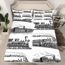 Manfei Train Fitted Sheet Twin Size, Retro Steam Locomotive Train Bed Cover with 1 Pillowcase, Vintage Train Bedding Set 2pcs for Kids Boys Adults Room Decor, Soft Polyester Bedding