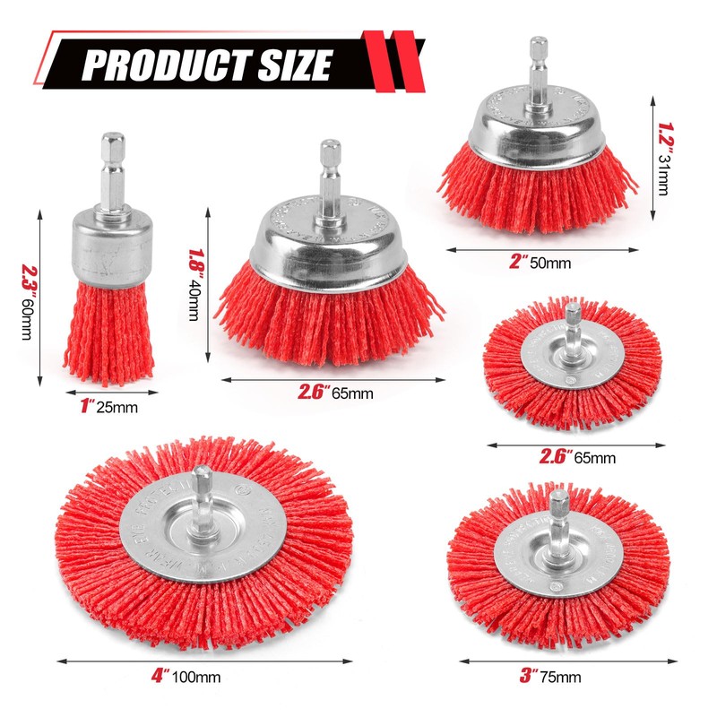 POLIWELL Nylon Abrasive Brush for Drill, 6 Pack Nylon Filament