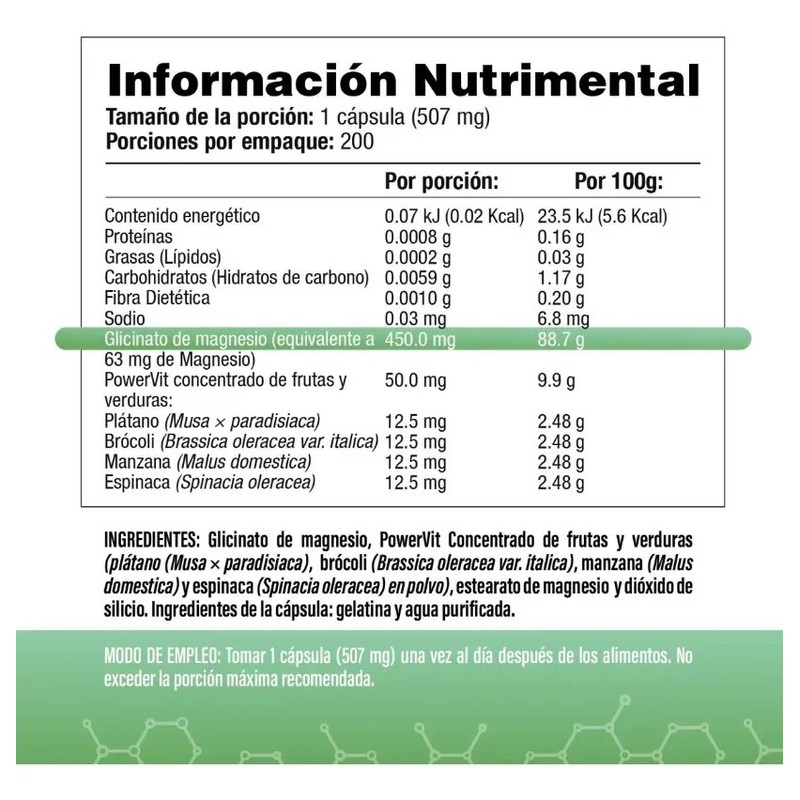 Glicinato de Magnesio 200 Cápsulas Con Concentrado de Frutas y