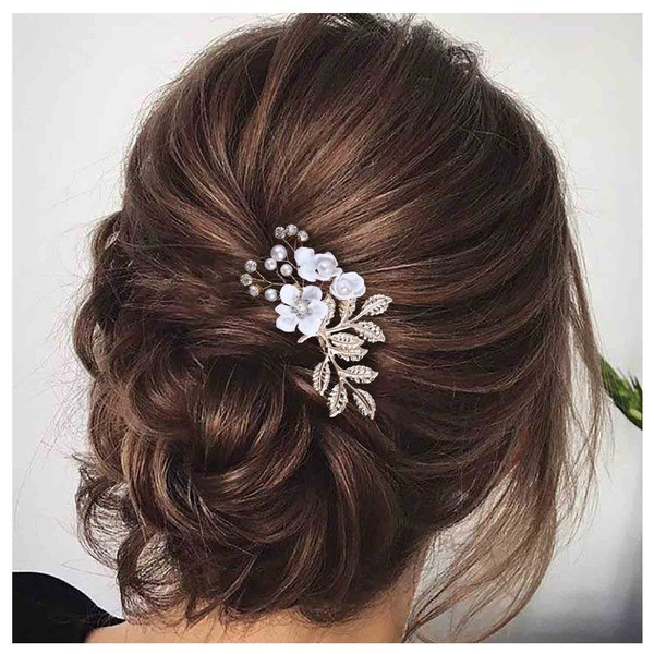 Dervivea Bridal Leaf Flower Pearl Hair Comb Wedding Hair Combs White Flower Side Comb Rhinestone Crystal Decorative Hair Accessories for Women and Girls Headpiece (White Flower)