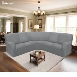 ROFASVCO Reclining Sectional Couch Covers L Shape Waterproof Washable Recliner Sofa Cover for L Shaped Sectional Super Stretch Soft Corner Recliner Slipcovers (5 Seater Cover, Light Gray)