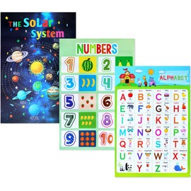 3PCS Educational Poster, ICEBLUEOR Laminated Wall Learning Chart Number and Alphabet Posters for Kids Toddlers Kindergarten Preschool Family Education, Classroom Decoration