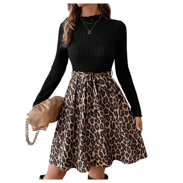 SweatyRocks Women's Leopard Print A Line Dress Mock Neck Long