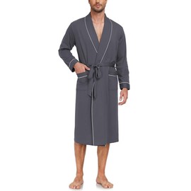 COLORFULLEAF Men's Bathrobe Made of 100% Cotton Lightweight Sauna Dressing Gown Men Travel Bathrobe Sauna Gown with Pocket, Iron grey, M