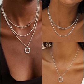 Wovanoo Layered Necklaces for Women Pendant Chain Necklaces Multilayer Stackable Choker Necklace Silver 2