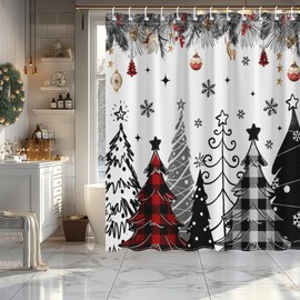 Lindameler Merry Christmas Shower Curtain Red Buffalo Plaid Christmas Tree Bathroom Shower Curtain Xmas Pine Forest Farmhouse Bath Decor Bathtub Shower Curtain with Hooks (Red, 72x72 inch)
