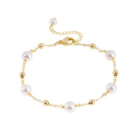 Gold Bracelets for Women, Dainty 14k Gold Plated Pearl Bracelet Beaded Box Chain Bracelets Jewelry
