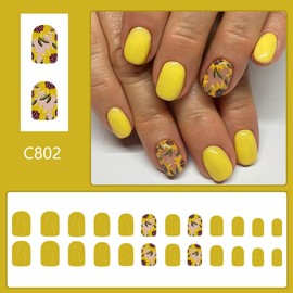 Sunflower Press on Nails Short Square Fake Nails with Design Yellow Flower Glue on Nails Floral Stick on Nails Glossy Spring Nails Reusable Summer False Nails for Women Girls Manicure 24pcs