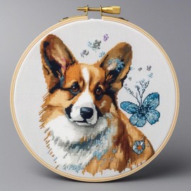 Generic Counted Easy Cross Stitch Kits Corgi & Butterfly Color Stamped Embroidery for Starter Kits DIY 11CT Stamped Patterns Embroidery Needlework Kit Supplies 12 Inch Hoop Included(55-P)