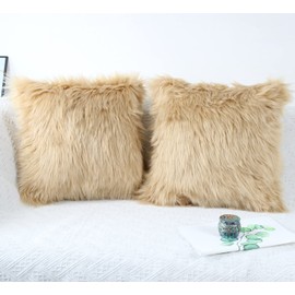 OYIMUA Beige 18 x 18 Inches Cushion Covers Pack of 2 Fluffy Soft Faux Fur Square Pillowcases, Luxury Home Decorative Super Soft Plush Pillow Covers Case 45cm x 45cm for Sofa Bed Living Room