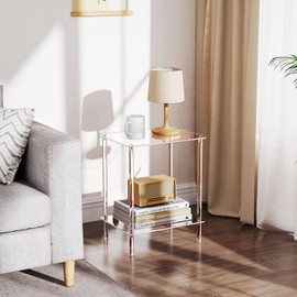 Bkemiy Clear Acrylic Side Table, 2-Tier End Table for Living Room, Small Modern Bedside Tables Nightstand for Bedroom, Home Decor Accent Table, 15.7" L x 11.8" W x 19.82" H, Clear