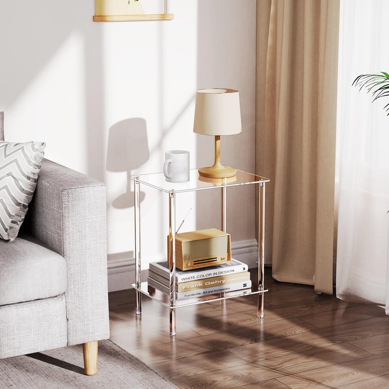 Bkemiy Clear Acrylic Side Table, 2-Tier End Table for Living