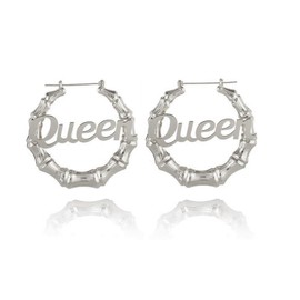Old English Font Queen Word 9cm Large Bamboo Hoop Earrings Hip-Pop Style Fashion Party Accessory (B1:silver)