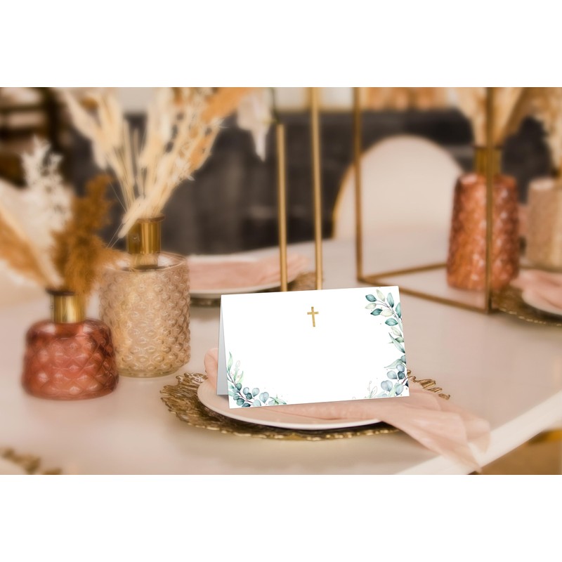 Gihyan Baptism Table Place Card, Gold Foil Greenery Tent Style